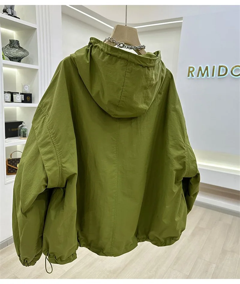 Summer Women Thin Jacket 2026 New Casual Short Jacket Top Loose Breathable Drawstring windbreaker Hooded Sun Protection Clothes