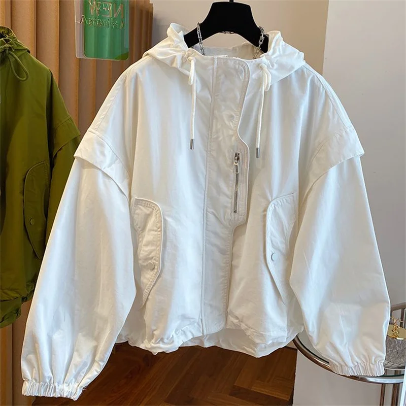 Summer Women Thin Jacket 2026 New Casual Short Jacket Top Loose Breathable Drawstring windbreaker Hooded Sun Protection Clothes