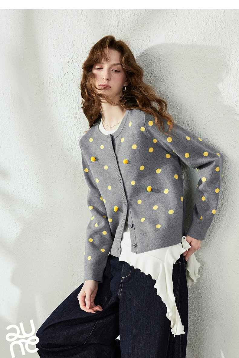 TOYOUTH Women Cardigan 2026 Autumn New Vintage Polka Dot Fitted Shoulder 3D Pom‑pom Knit Tops
