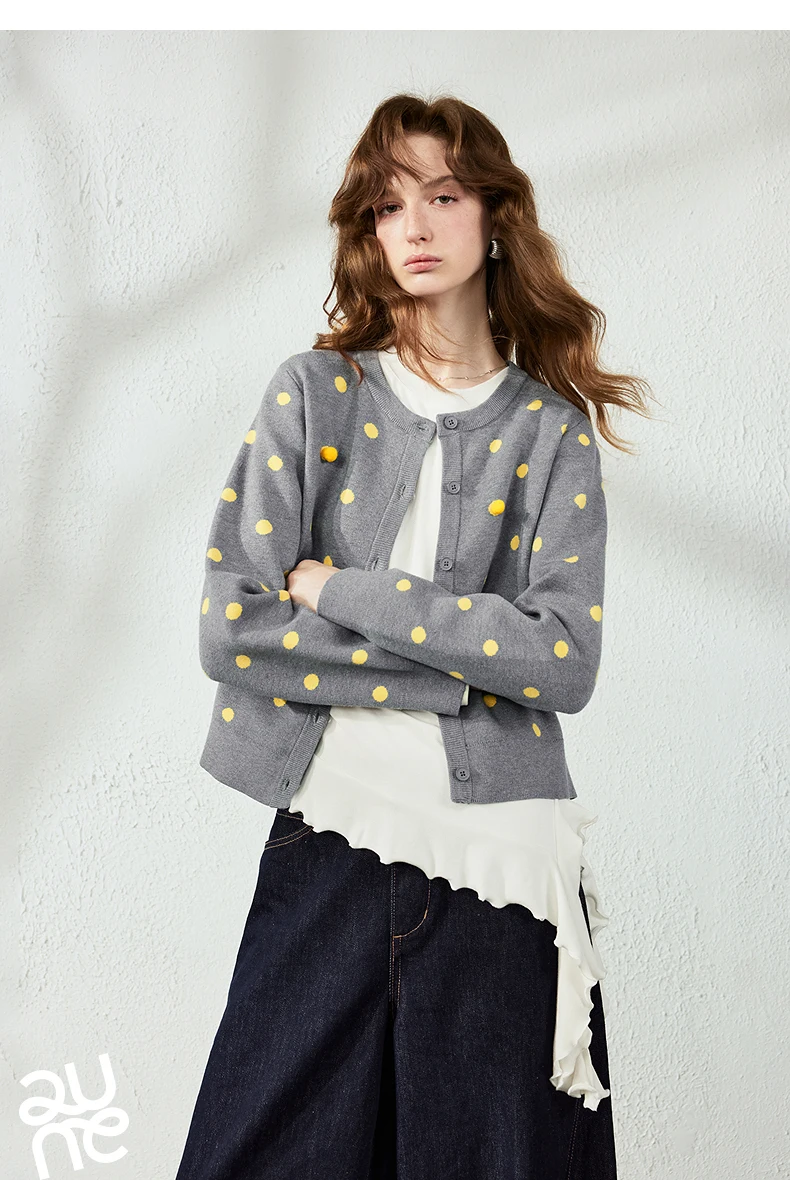 TOYOUTH Women Cardigan 2026 Autumn New Vintage Polka Dot Fitted Shoulder 3D Pom‑pom Knit Tops