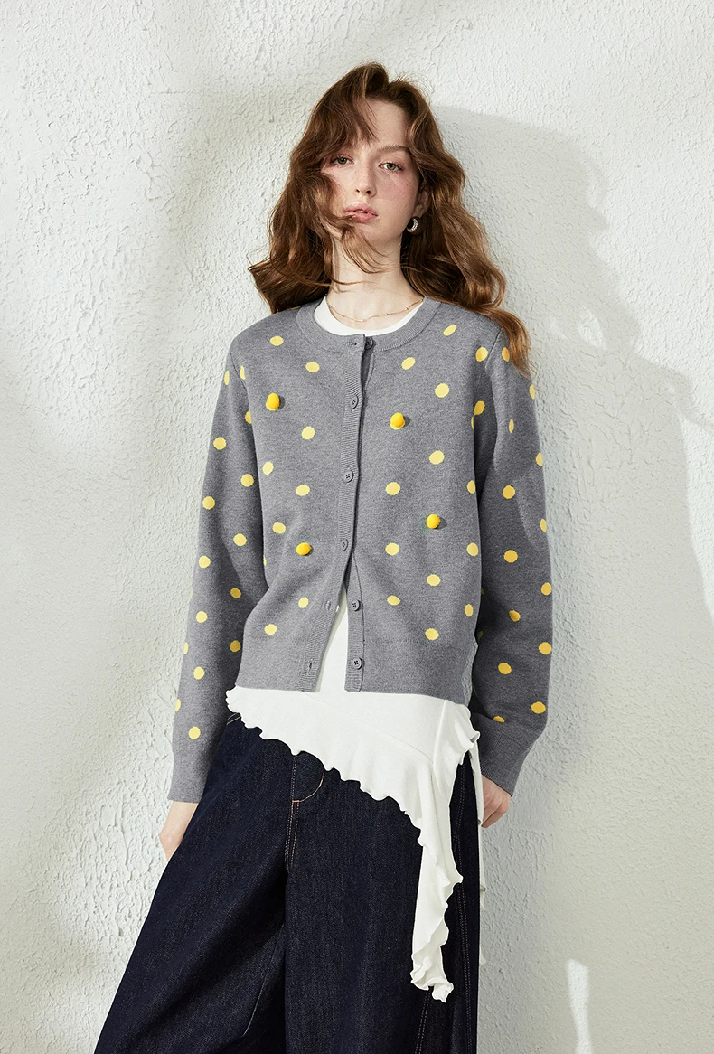 TOYOUTH Women Cardigan 2026 Autumn New Vintage Polka Dot Fitted Shoulder 3D Pom‑pom Knit Tops