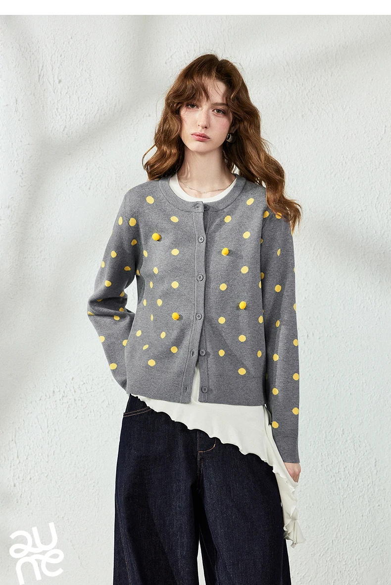 TOYOUTH Women Cardigan 2026 Autumn New Vintage Polka Dot Fitted Shoulder 3D Pom‑pom Knit Tops
