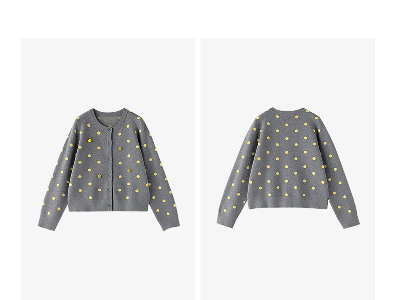 TOYOUTH Women Cardigan 2026 Autumn New Vintage Polka Dot Fitted Shoulder 3D Pom‑pom Knit Tops