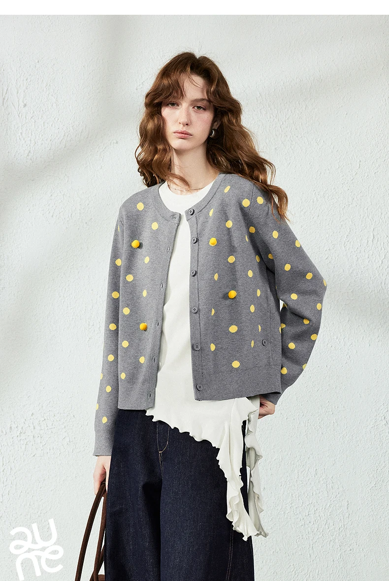 TOYOUTH Women Cardigan 2026 Autumn New Vintage Polka Dot Fitted Shoulder 3D Pom‑pom Knit Tops