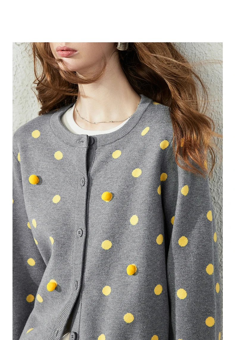 TOYOUTH Women Cardigan 2026 Autumn New Vintage Polka Dot Fitted Shoulder 3D Pom‑pom Knit Tops