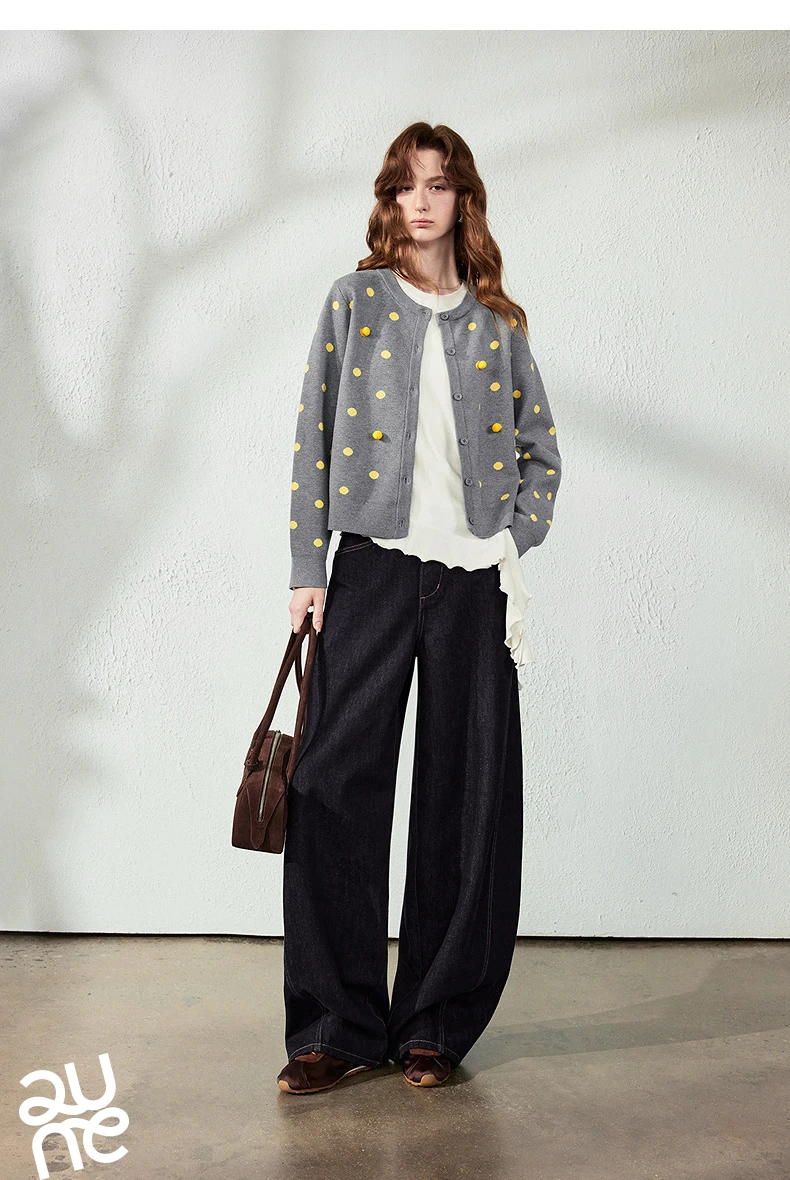 TOYOUTH Women Cardigan 2026 Autumn New Vintage Polka Dot Fitted Shoulder 3D Pom‑pom Knit Tops