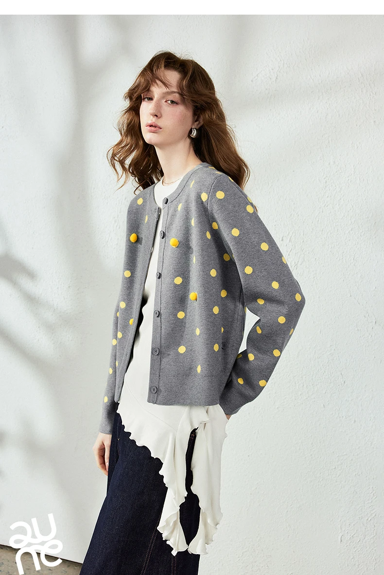 TOYOUTH Women Cardigan 2026 Autumn New Vintage Polka Dot Fitted Shoulder 3D Pom‑pom Knit Tops