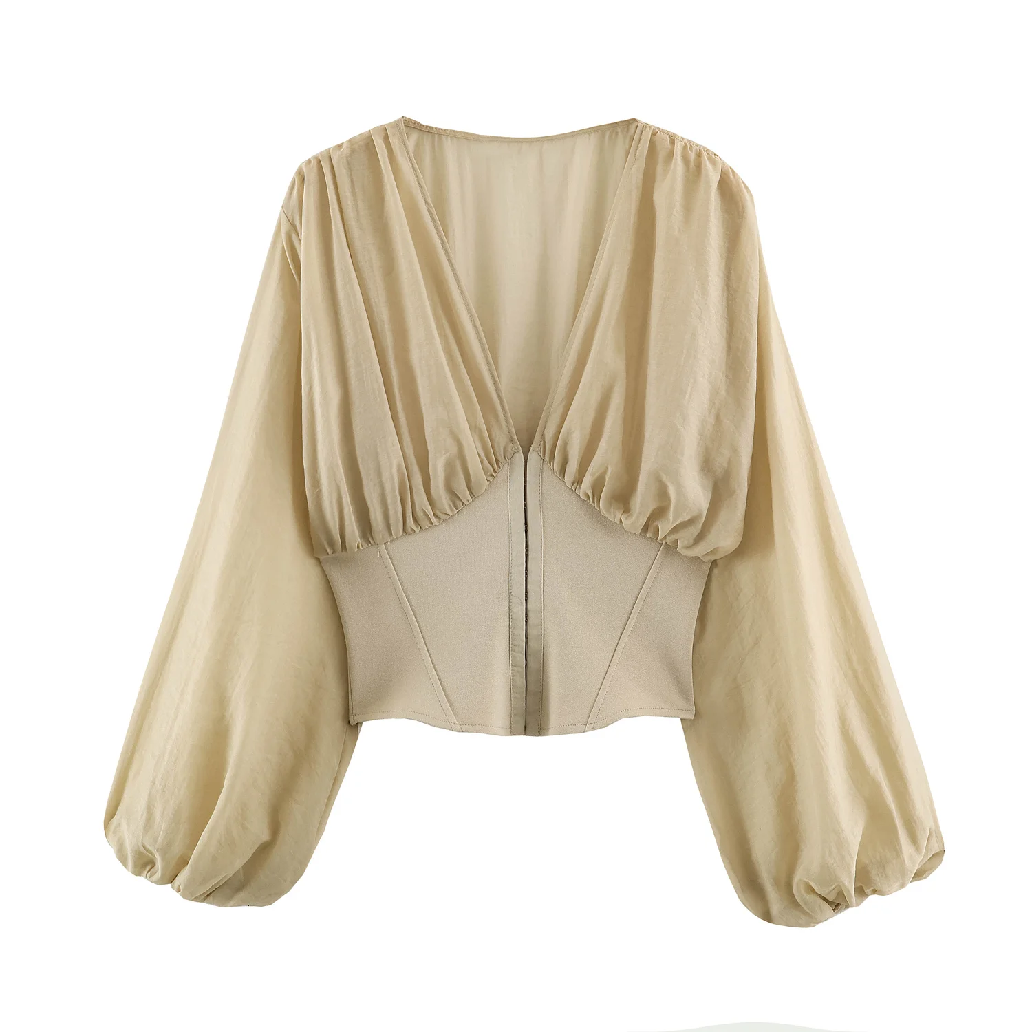 HH Elegant Women's Corset Slim Blouse 2026 Fashion Lantern Sleeve V-Neck Patchwork Spliced Peplum Top Female Thin Casual Shirt