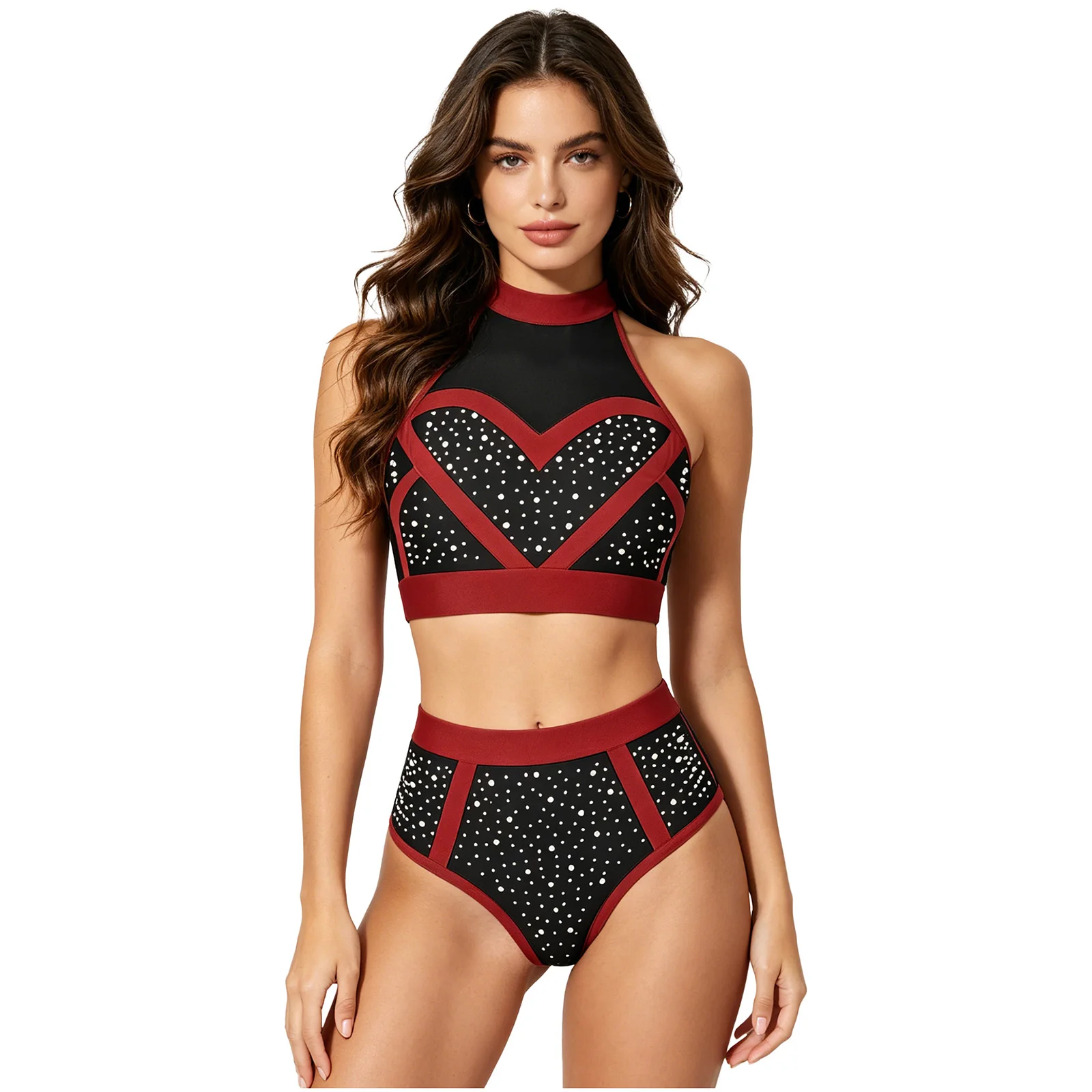 Womens Shiny Rhinestone Shorts Set Pole Dance Outfit Halter Mesh Crop Top And High Waist Briefs Shorts Clubwear for Rave Party