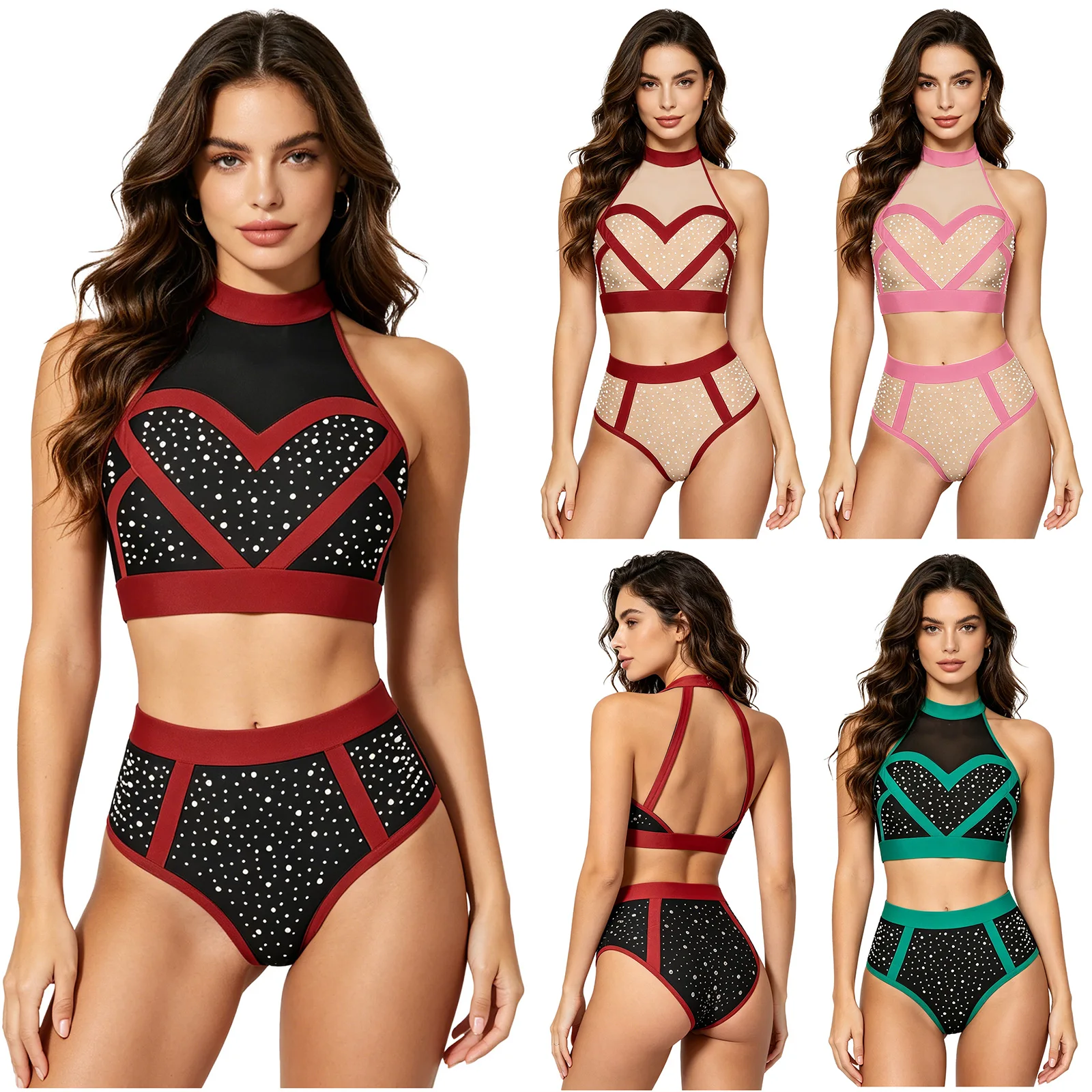 Womens Shiny Rhinestone Shorts Set Pole Dance Outfit Halter Mesh Crop Top And High Waist Briefs Shorts Clubwear for Rave Party