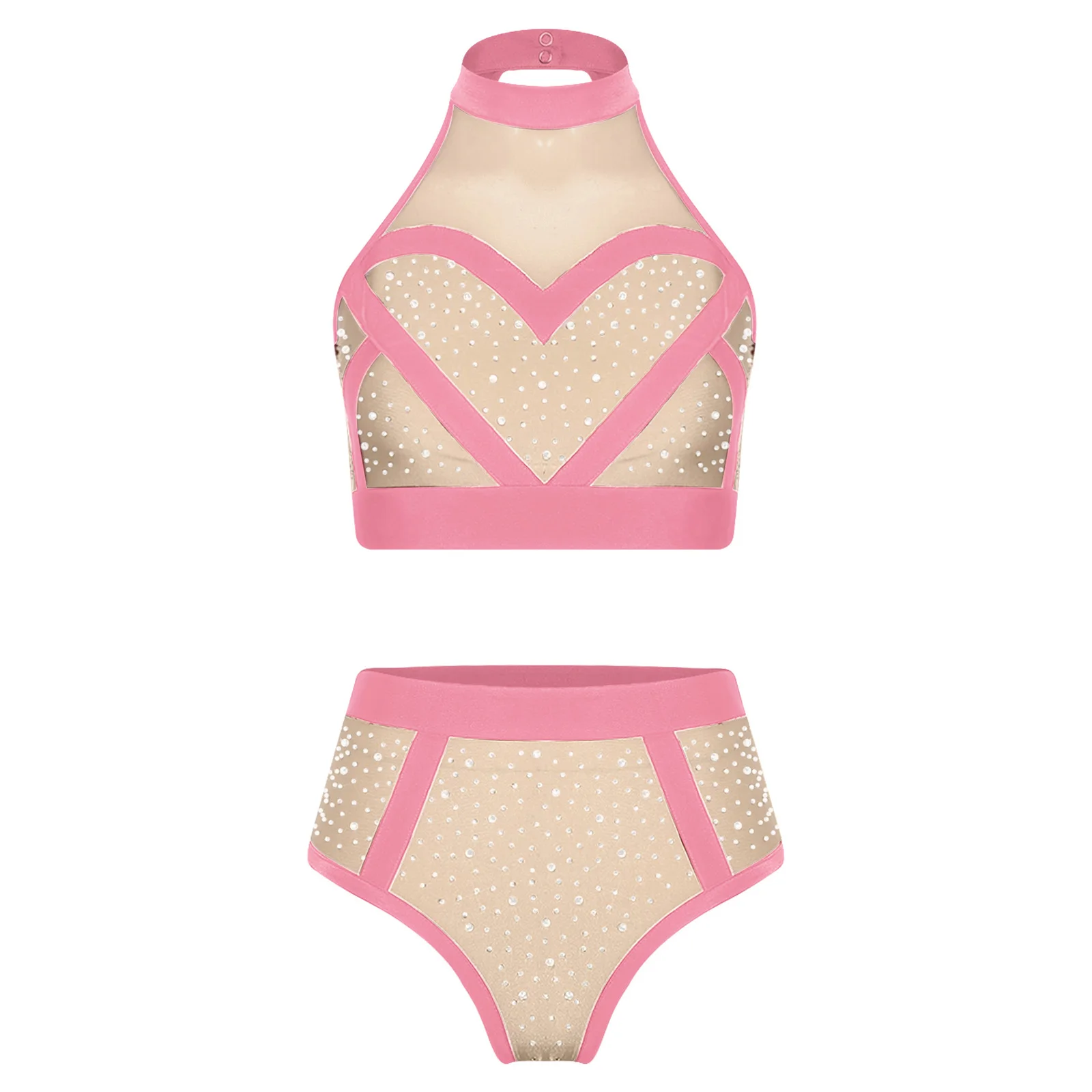 Womens Shiny Rhinestone Shorts Set Pole Dance Outfit Halter Mesh Crop Top And High Waist Briefs Shorts Clubwear for Rave Party