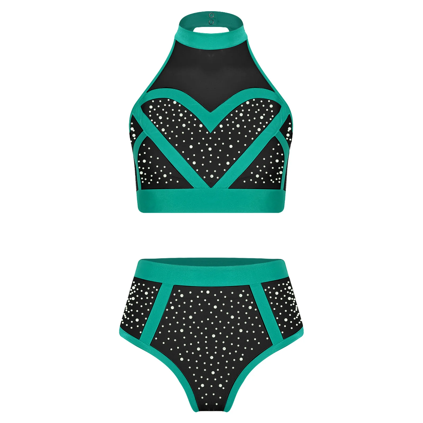Womens Shiny Rhinestone Shorts Set Pole Dance Outfit Halter Mesh Crop Top And High Waist Briefs Shorts Clubwear for Rave Party