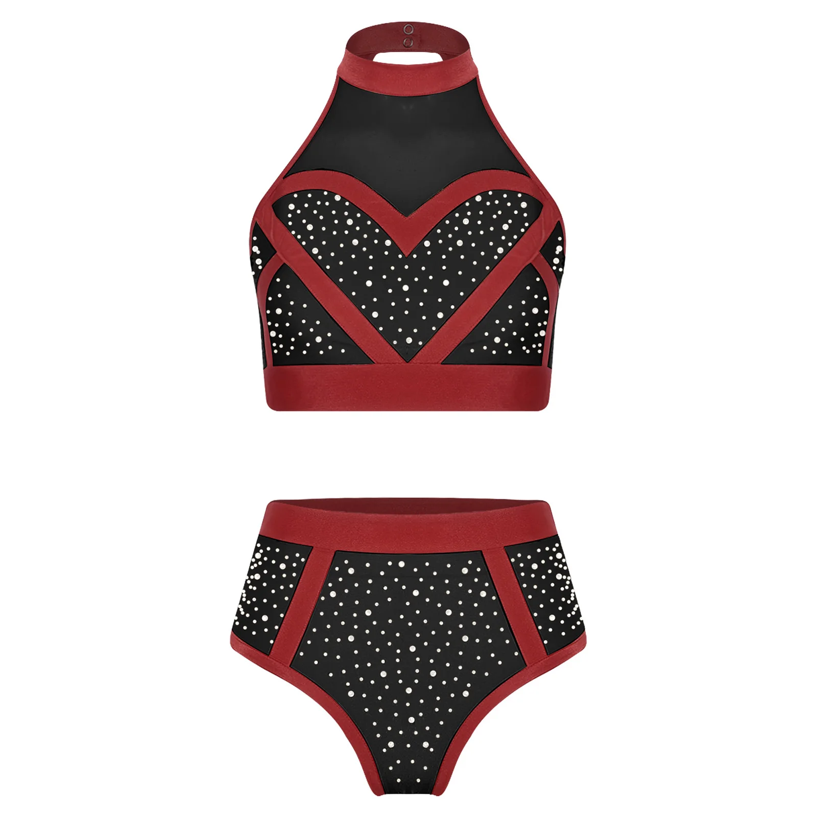 Womens Shiny Rhinestone Shorts Set Pole Dance Outfit Halter Mesh Crop Top And High Waist Briefs Shorts Clubwear for Rave Party