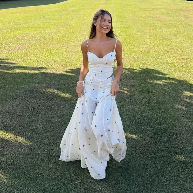 Elegant Flower Print Pants 2 Piece Sets Women Spaghetti Strap Corset Top High Waist Wide Leg Trousers 2026 Y2K Vacation Suits