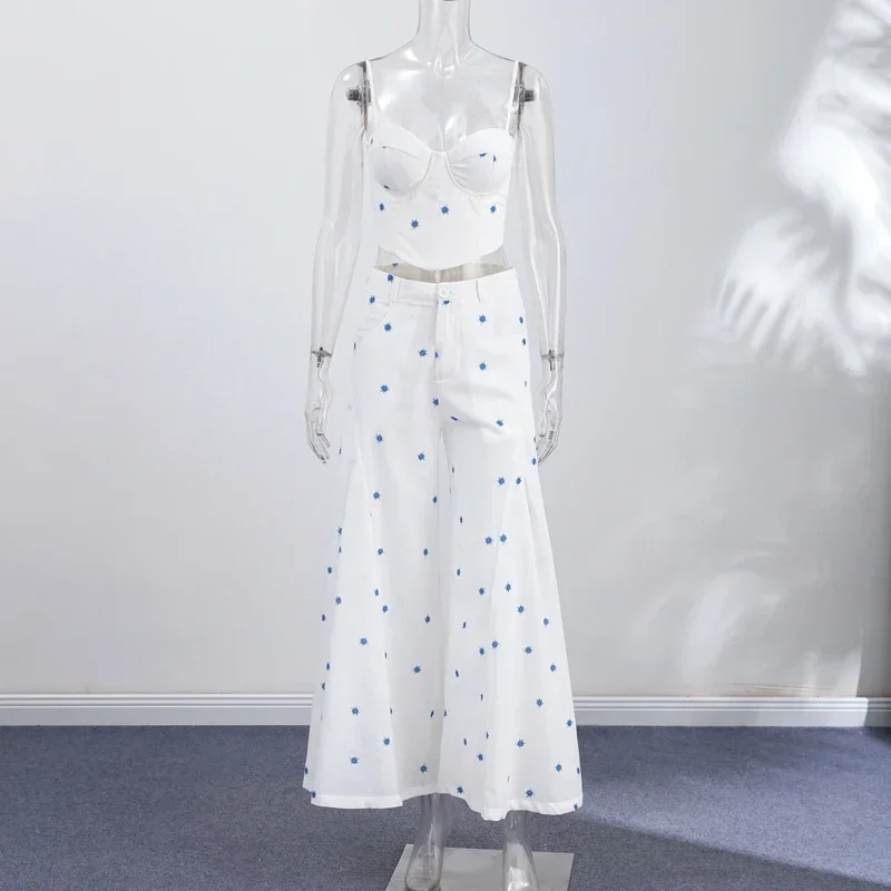 Elegant Flower Print Pants 2 Piece Sets Women Spaghetti Strap Corset Top High Waist Wide Leg Trousers 2026 Y2K Vacation Suits