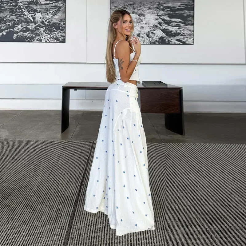 Elegant Flower Print Pants 2 Piece Sets Women Spaghetti Strap Corset Top High Waist Wide Leg Trousers 2026 Y2K Vacation Suits