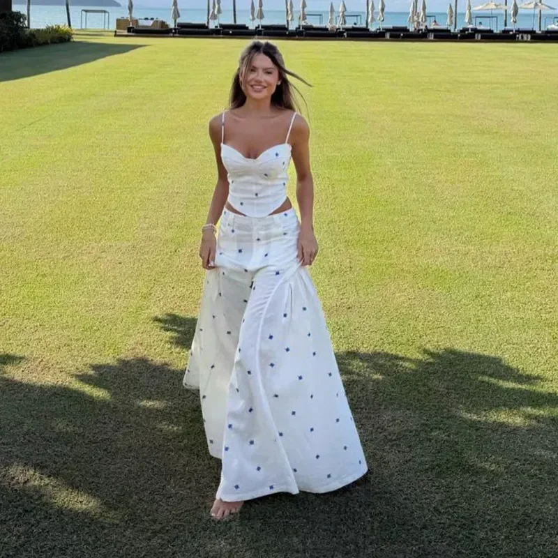 Elegant Flower Print Pants 2 Piece Sets Women Spaghetti Strap Corset Top High Waist Wide Leg Trousers 2026 Y2K Vacation Suits