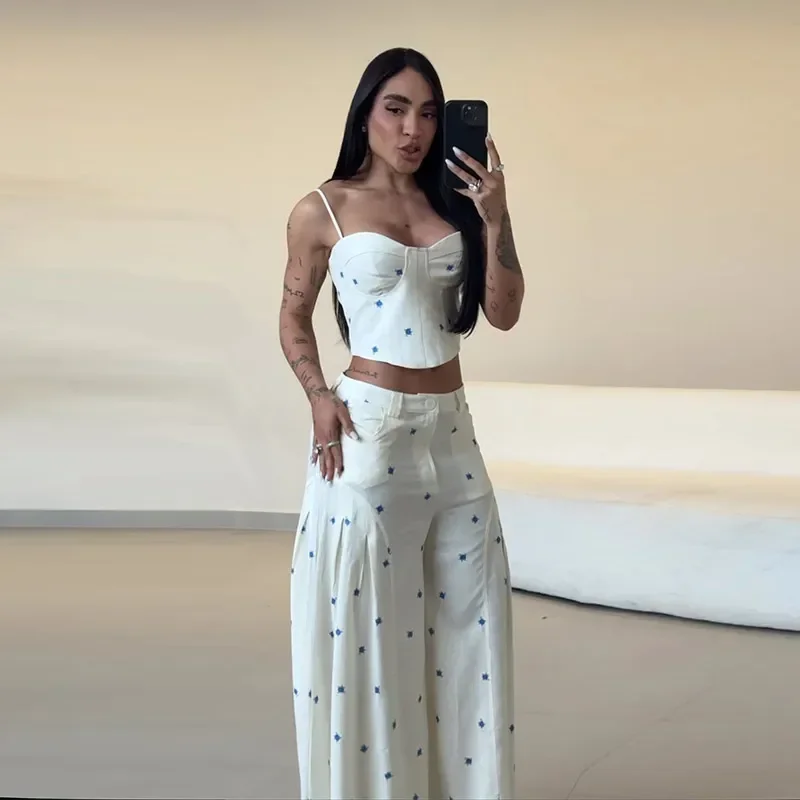 Elegant Flower Print Pants 2 Piece Sets Women Spaghetti Strap Corset Top High Waist Wide Leg Trousers 2026 Y2K Vacation Suits
