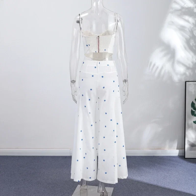 Elegant Flower Print Pants 2 Piece Sets Women Spaghetti Strap Corset Top High Waist Wide Leg Trousers 2026 Y2K Vacation Suits