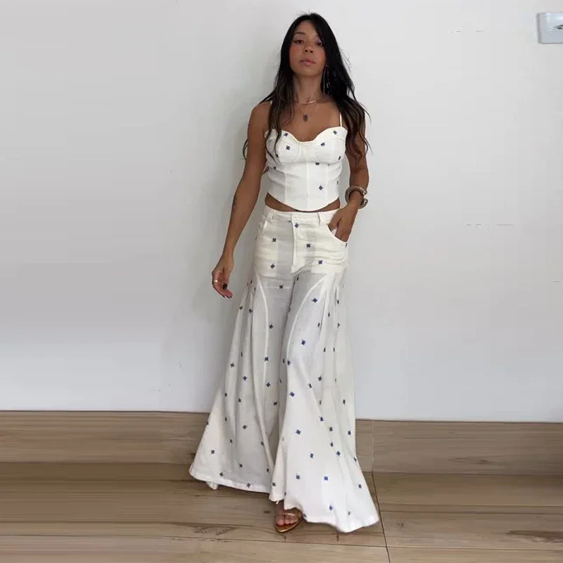 Elegant Flower Print Pants 2 Piece Sets Women Spaghetti Strap Corset Top High Waist Wide Leg Trousers 2026 Y2K Vacation Suits