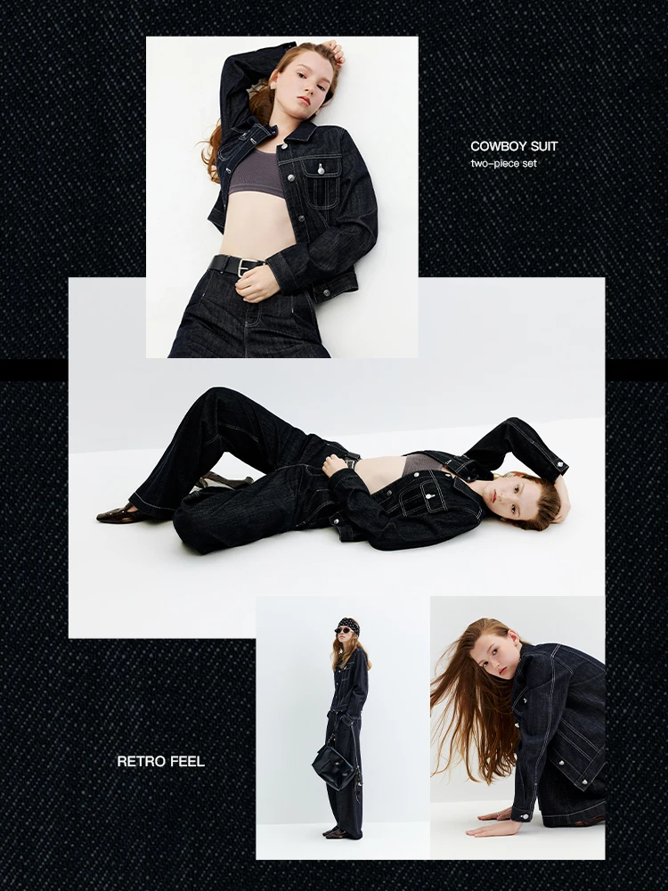 FSLE【Premium Series】Vintage Y2K Denim Jacket Jeans Set Slim Trucker Coat Straight Leg Jeans Co-ord for Retro Street Chic Style