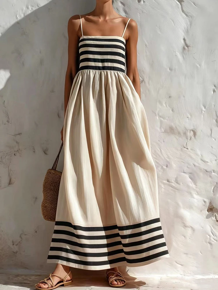 Women's Elegant Spaghetti Strap Square Collar Party Dress Summer Sleeveless Backless Striped Print Patchwork Ladies Maxi Dress