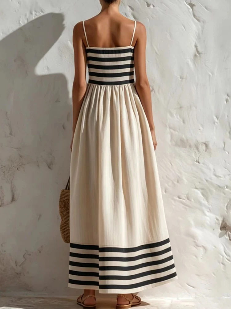 Women's Elegant Spaghetti Strap Square Collar Party Dress Summer Sleeveless Backless Striped Print Patchwork Ladies Maxi Dress