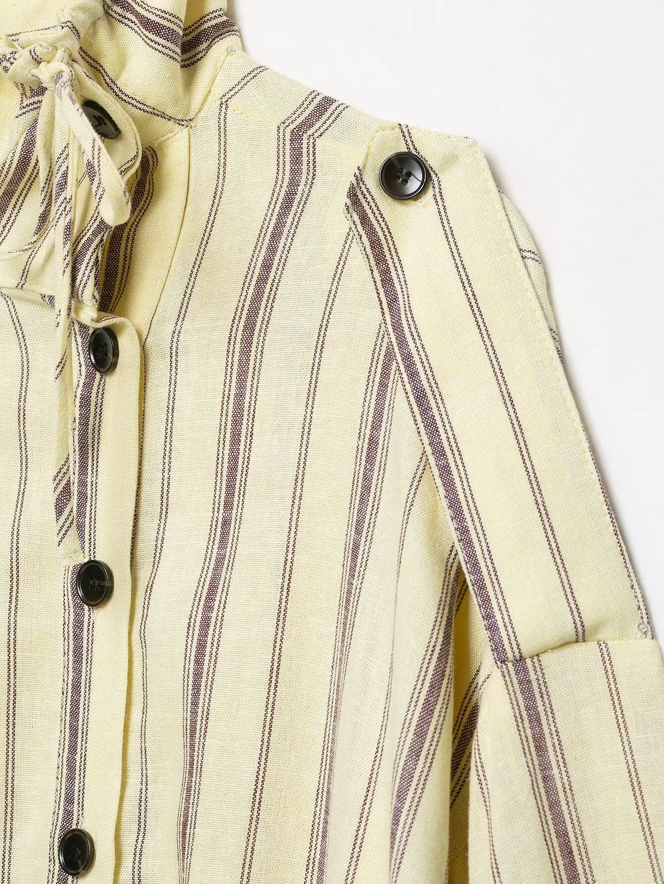 BSAY 2026 Women Striped Stand Collar Jacket Detachable Shoulder Button Coat Drawstring Hem Long Sleeve Casual Loose Outerwear