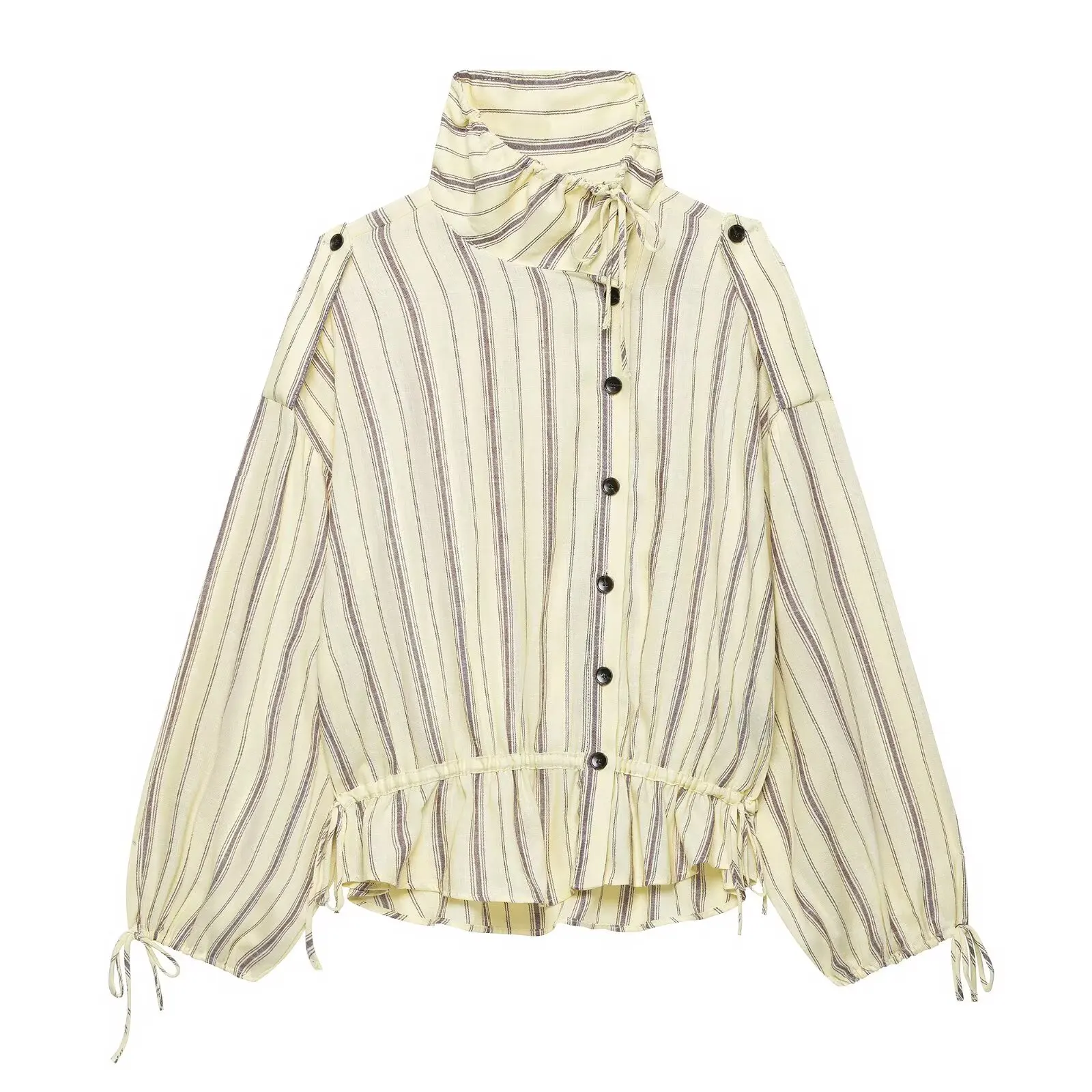 BSAY 2026 Women Striped Stand Collar Jacket Detachable Shoulder Button Coat Drawstring Hem Long Sleeve Casual Loose Outerwear