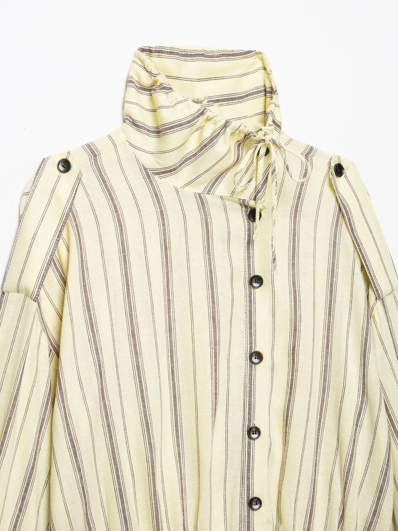 BSAY 2026 Women Striped Stand Collar Jacket Detachable Shoulder Button Coat Drawstring Hem Long Sleeve Casual Loose Outerwear