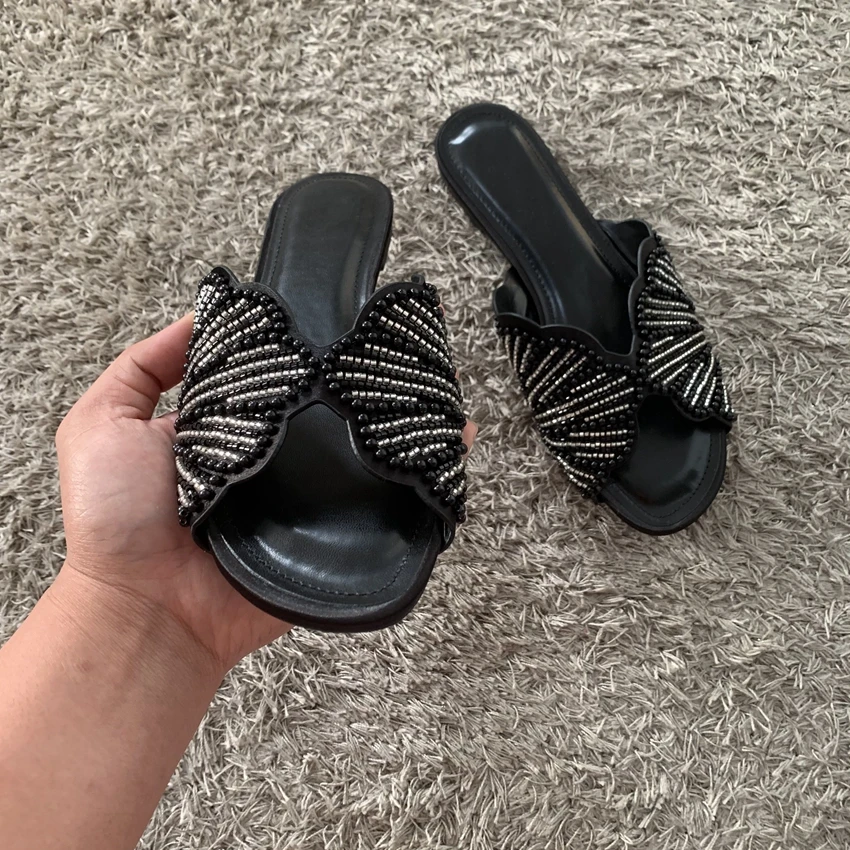 2026 Summer Outside Shoes Peep Toe Women Sandals Casual Beach Comfortable Slides Embellished Shell Studded Diamond Flat Slippers