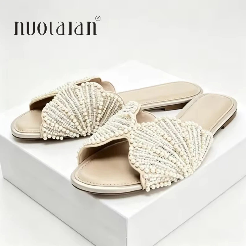 2026 Summer Outside Shoes Peep Toe Women Sandals Casual Beach Comfortable Slides Embellished Shell Studded Diamond Flat Slippers
