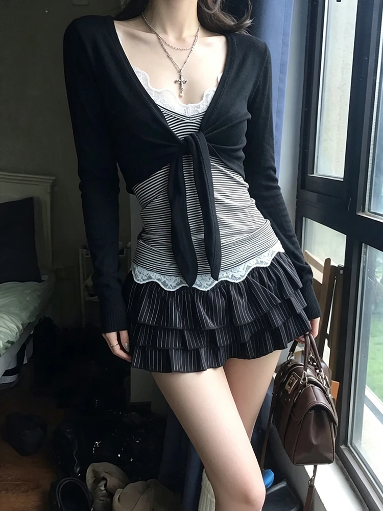 Genayooa Y2k Japanese Two Pieces Tops Women Long Sleeve Slim Lace Up Smock+ Striped Camis Tops American Retro Vintage Tops Tee
