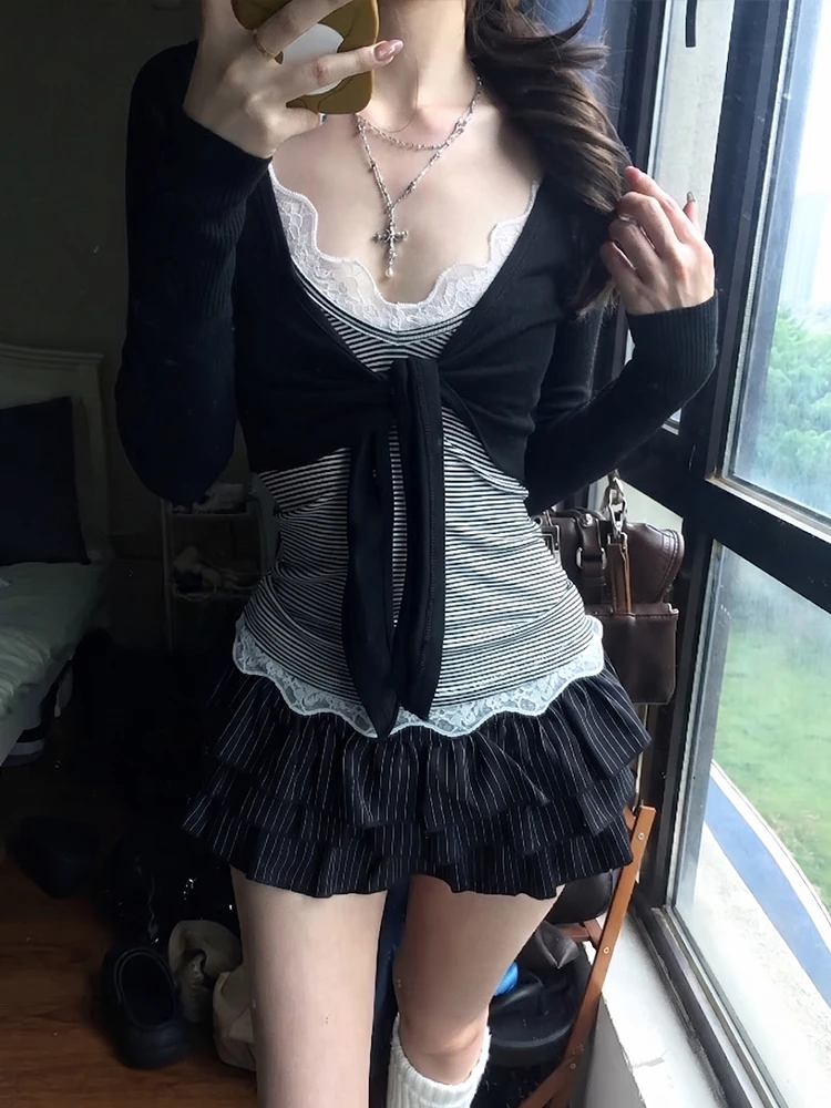 Genayooa Y2k Japanese Two Pieces Tops Women Long Sleeve Slim Lace Up Smock+ Striped Camis Tops American Retro Vintage Tops Tee