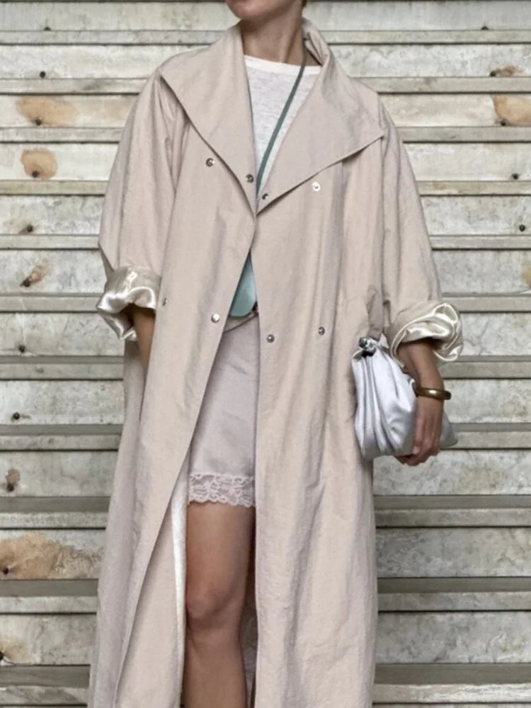 Convertible Collar Oversized Maxi Trench Coat Women Snap Buttons Dolman Sleeve Patch Pockets Outerwear New Ladies Trench Jacket