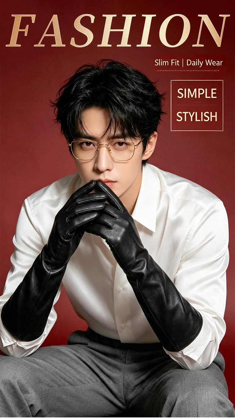 Men's 40cm Long Gloves Made of First-Layer Sheepskin, Thin Style for Spring and Autumn, Fashionable and Versatile for Parties, Touch Screen Compatible