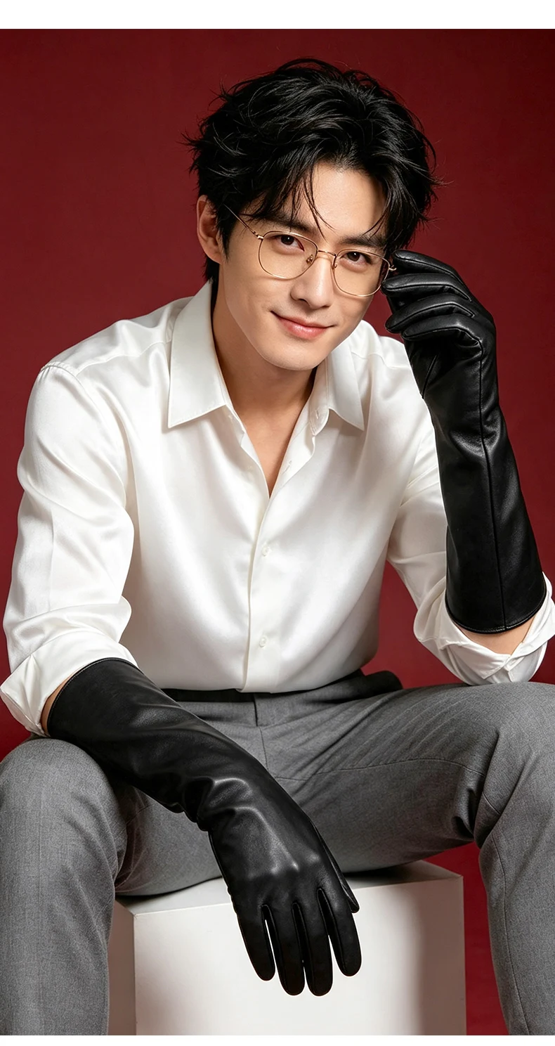 Men's 40cm Long Gloves Made of First-Layer Sheepskin, Thin Style for Spring and Autumn, Fashionable and Versatile for Parties, Touch Screen Compatible