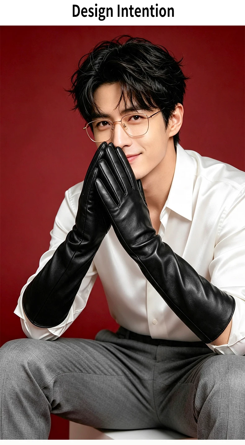 Men's 40cm Long Gloves Made of First-Layer Sheepskin, Thin Style for Spring and Autumn, Fashionable and Versatile for Parties, Touch Screen Compatible