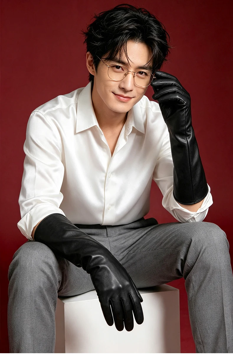 Men's 40cm Long Gloves Made of First-Layer Sheepskin, Thin Style for Spring and Autumn, Fashionable and Versatile for Parties, Touch Screen Compatible