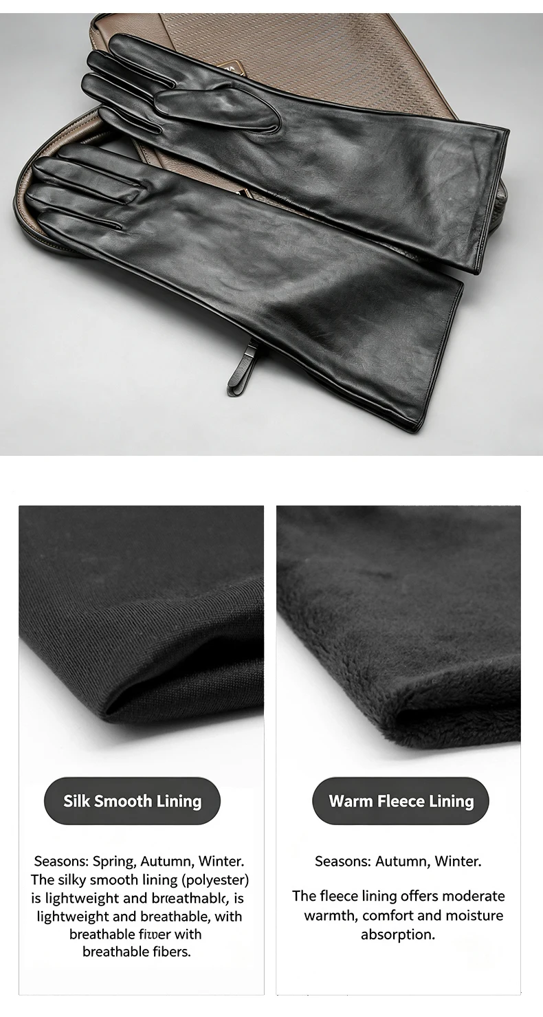Men's 40cm Long Gloves Made of First-Layer Sheepskin, Thin Style for Spring and Autumn, Fashionable and Versatile for Parties, Touch Screen Compatible