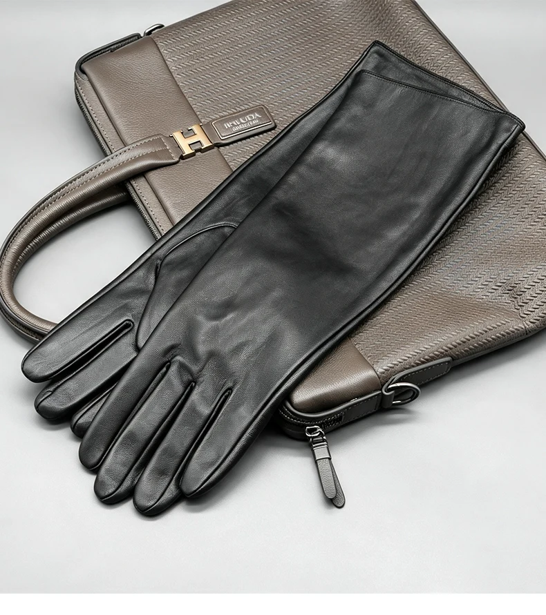 Men's 40cm Long Gloves Made of First-Layer Sheepskin, Thin Style for Spring and Autumn, Fashionable and Versatile for Parties, Touch Screen Compatible