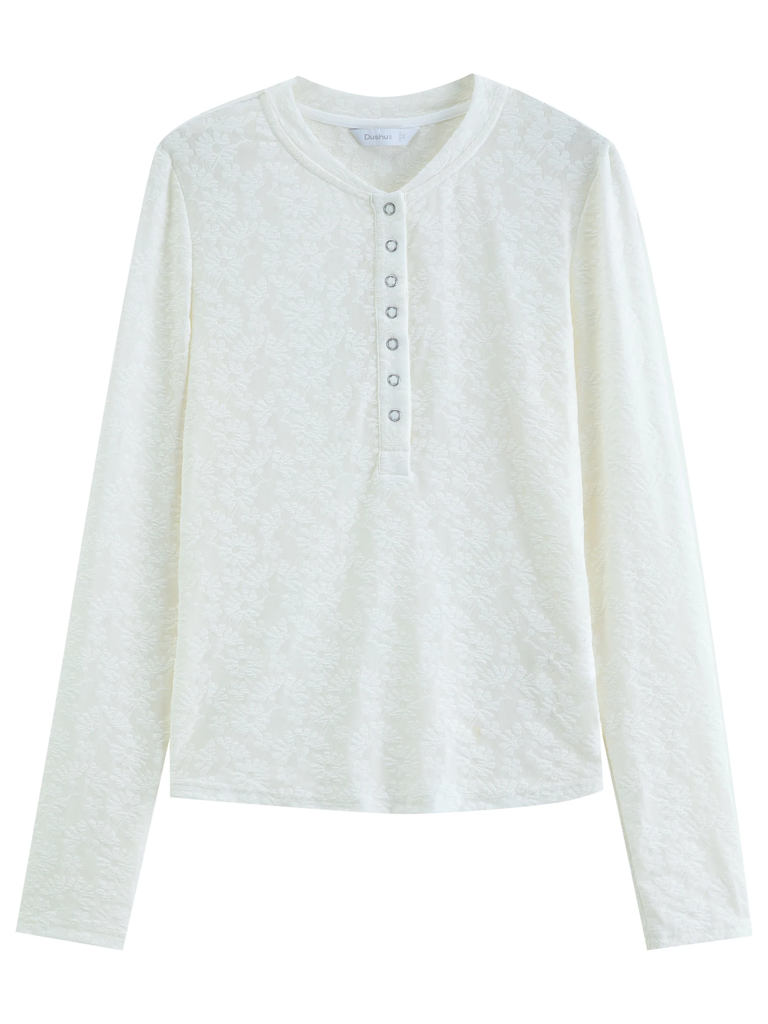 DUSHU 2026 Fall New Women White Base Blue Floral Henley Neck Ribbed Long Sleeve Top Fashion T-shirt Available in Multiple Sizes