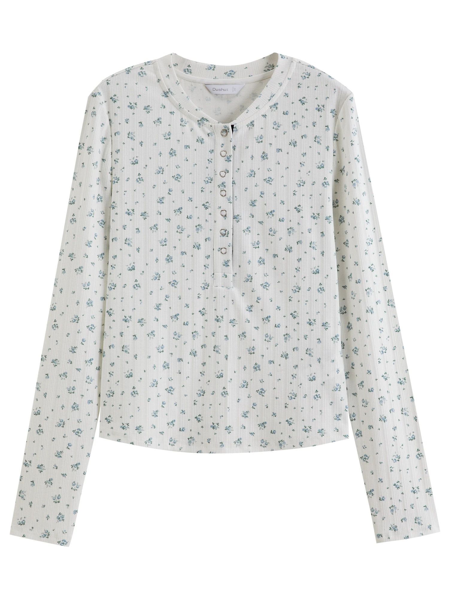 DUSHU 2026 Fall New Women White Base Blue Floral Henley Neck Ribbed Long Sleeve Top Fashion T-shirt Available in Multiple Sizes