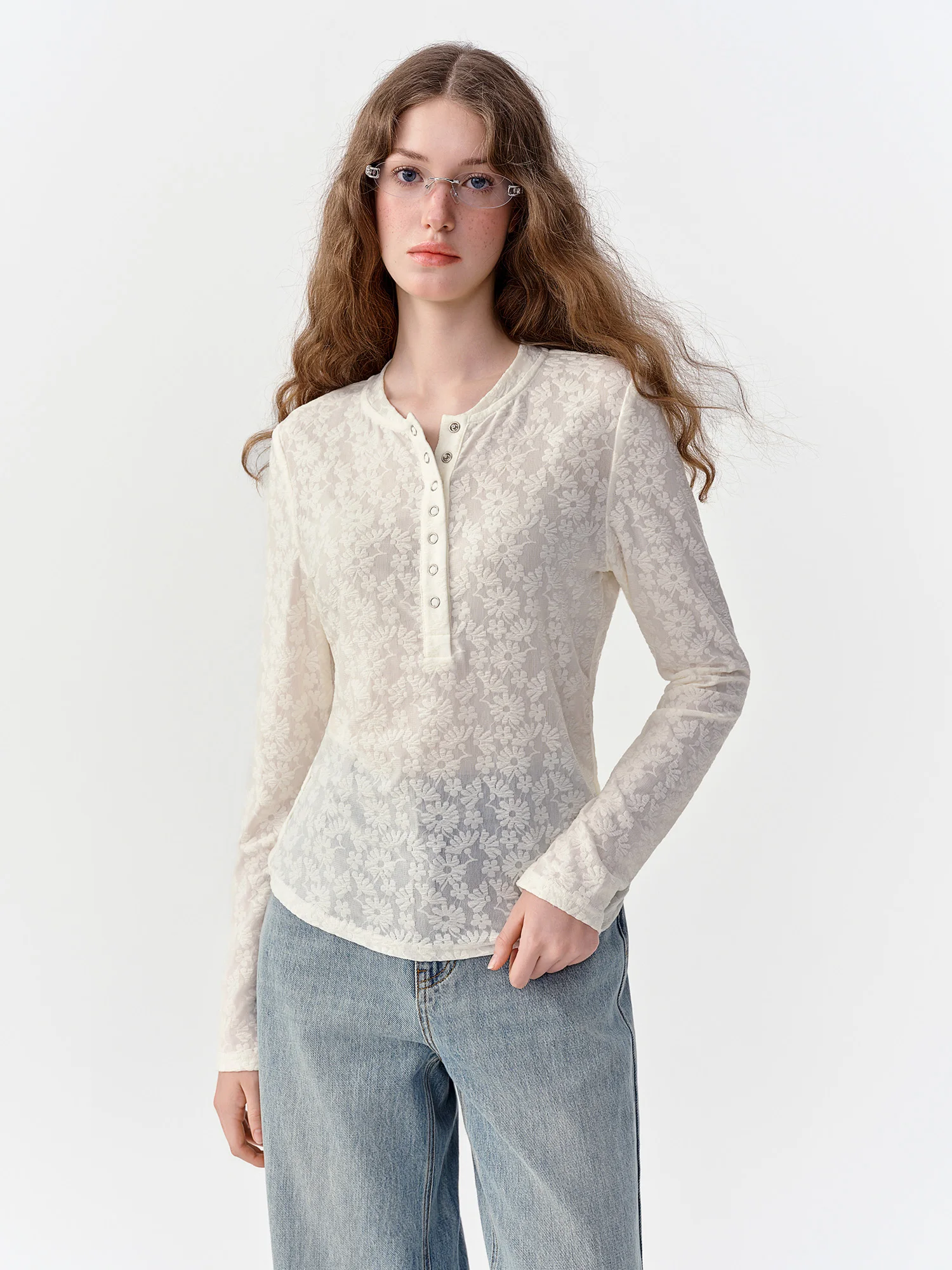 DUSHU 2026 Fall New Women White Base Blue Floral Henley Neck Ribbed Long Sleeve Top Fashion T-shirt Available in Multiple Sizes