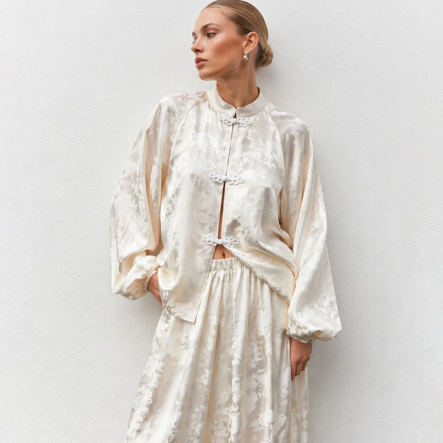IG 2026 Women's New Chinese Two Piece Co Ord, Mandarin Stand Collar Frog Button Lantern Sleeve Short Jacket & Elastic Waist