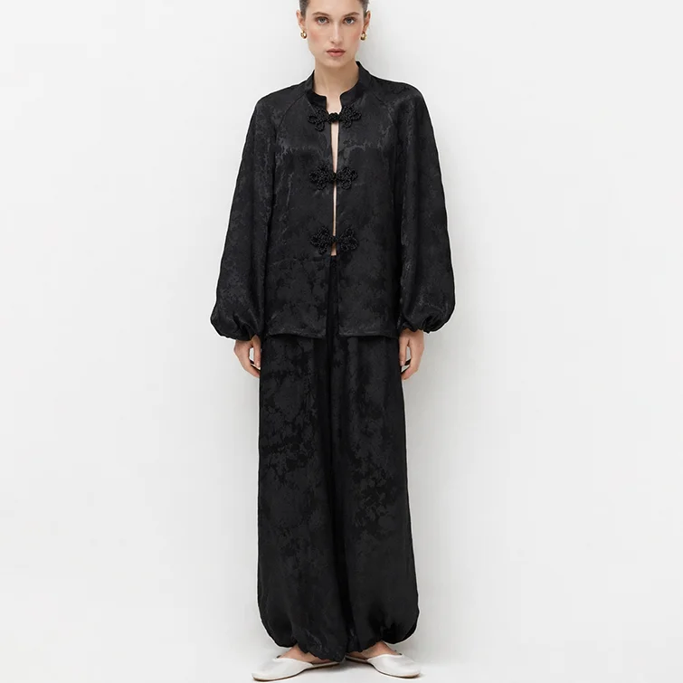 IG 2026 Women's New Chinese Two Piece Co Ord, Mandarin Stand Collar Frog Button Lantern Sleeve Short Jacket & Elastic Waist