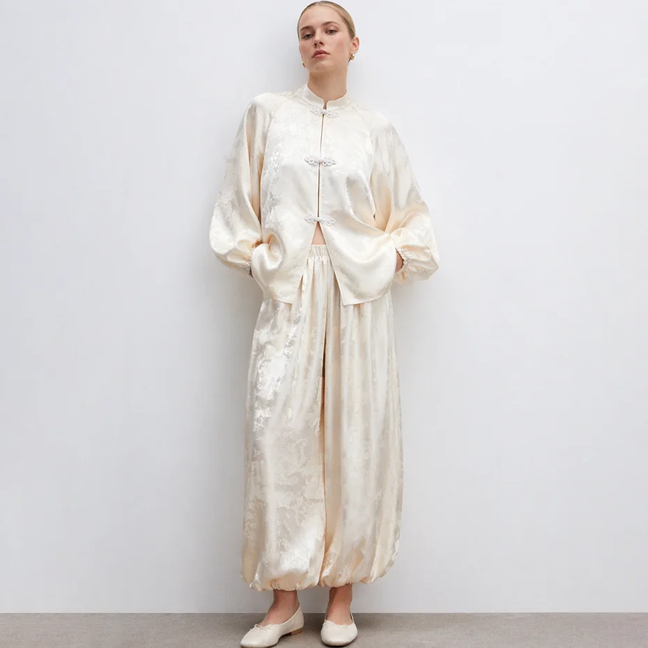 IG 2026 Women's New Chinese Two Piece Co Ord, Mandarin Stand Collar Frog Button Lantern Sleeve Short Jacket & Elastic Waist