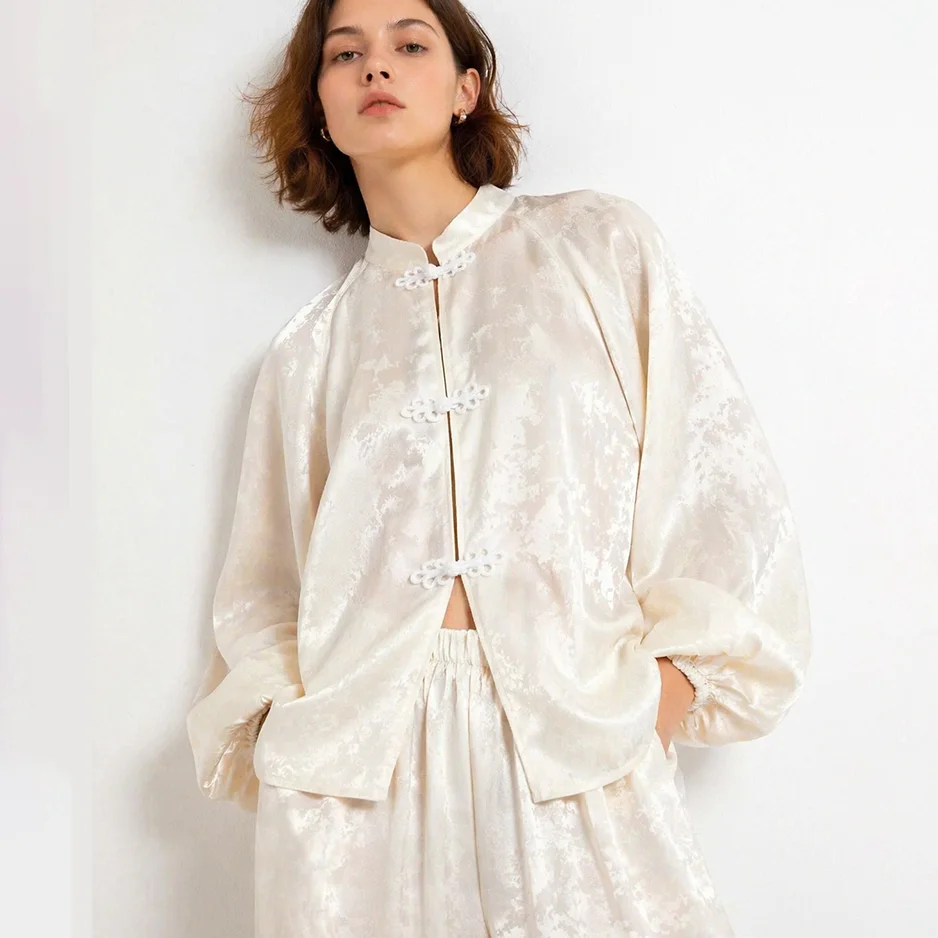 IG 2026 Women's New Chinese Two Piece Co Ord, Mandarin Stand Collar Frog Button Lantern Sleeve Short Jacket & Elastic Waist