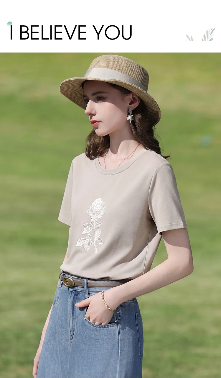 I BELIEVE YOU Elegant Casual Round Neck Short Sleeved T-Shirt 2026 Summer New Flower Embroidered Commuter Top Women 2263016343