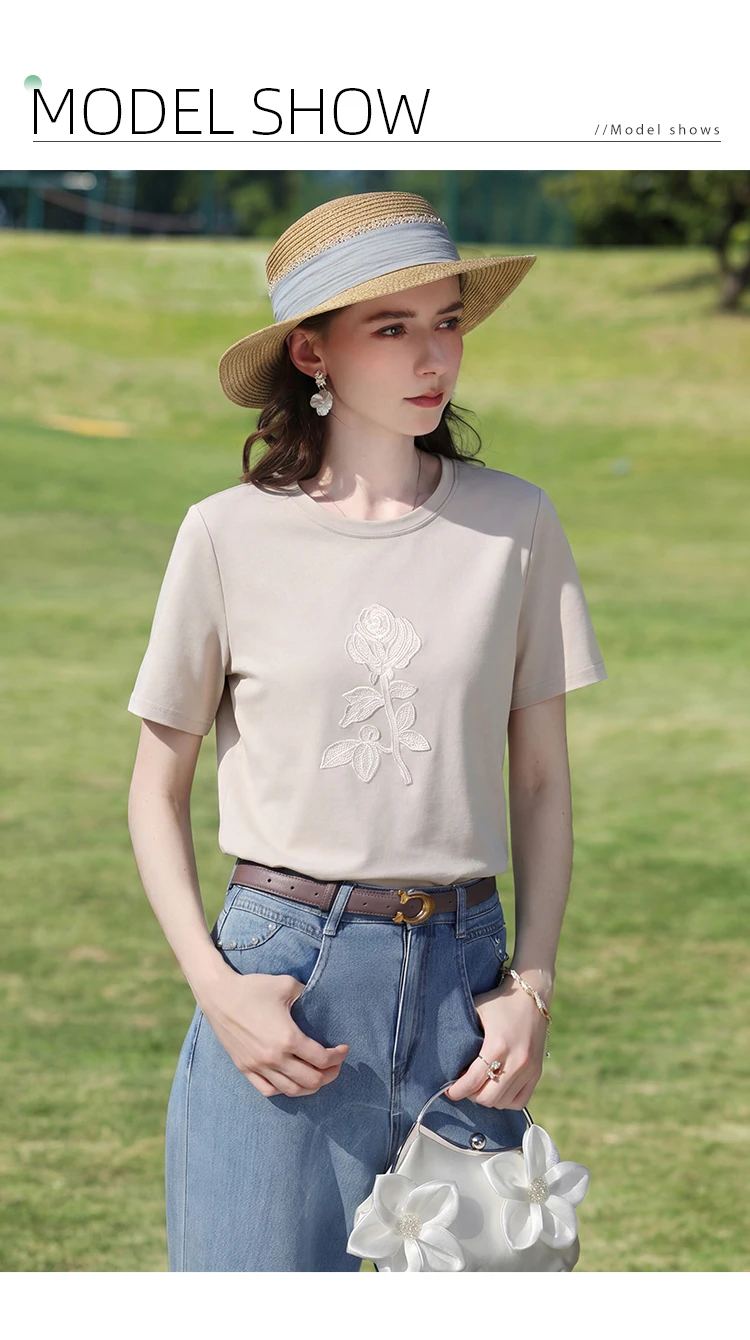 I BELIEVE YOU Elegant Casual Round Neck Short Sleeved T-Shirt 2026 Summer New Flower Embroidered Commuter Top Women 2263016343